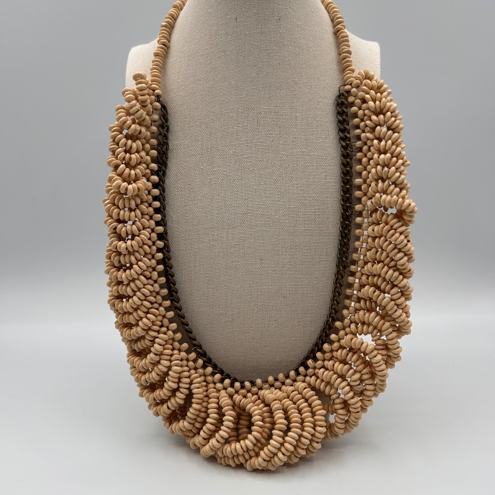 Chunky Wooden Disc Bead Statement Bib Necklace Antique Brass Chain Boho Tan 24"